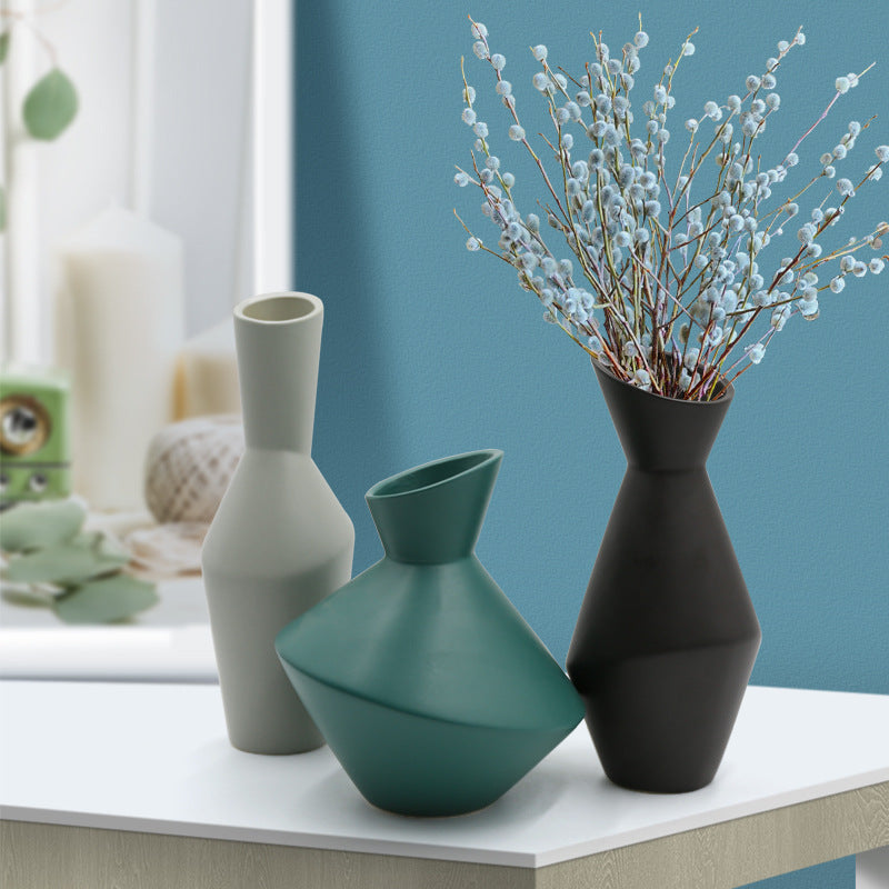 Nordic Geometric Ceramic Vase - Modern Oblique Mouth Design for Home Decor