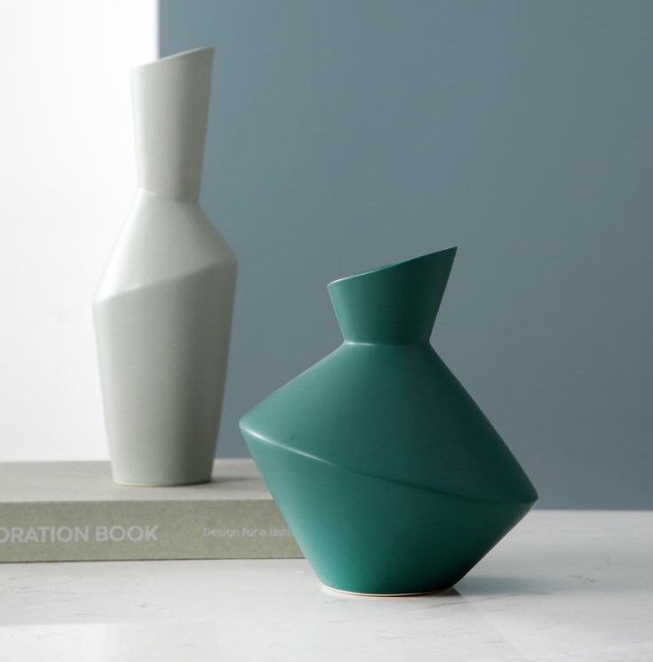 Nordic Geometric Ceramic Vase - Modern Oblique Mouth Design for Home Decor