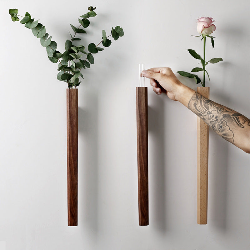 Japanese Style Wooden Flower Vase - Wall Hanging Hydroponic Arrangement